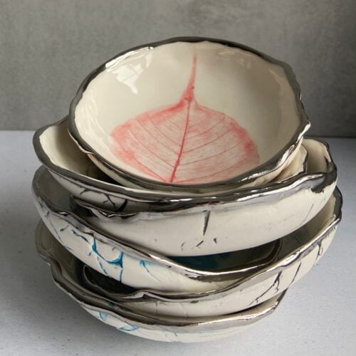 Porcelain Leaf Ring Dishes Stack in Assorted colours with platinum rim - handbuilt by Nicola Briggs Ceramics 1080