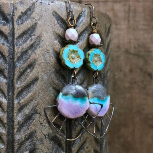 Turquoise & Pink Spiky Ceramic Earrings