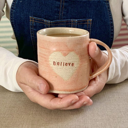 believe, pottery mug, self belief, pink mug