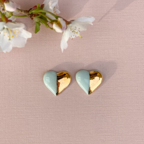blue heart shaped porcelain studs half painted in gold