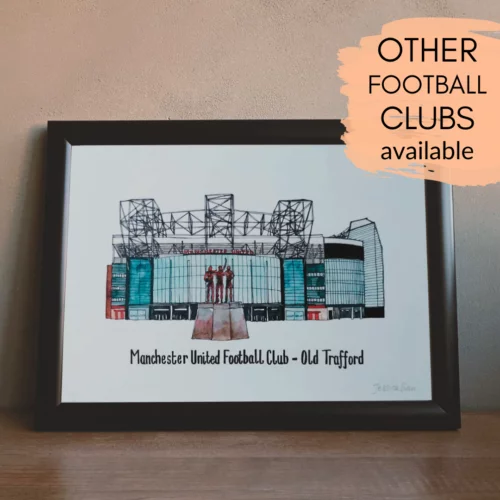 Jessica Sian Illustration. A print of Old Traffors, Manchester United's football stadium. It is a print of the artist's original watercolour and fineliner painting.