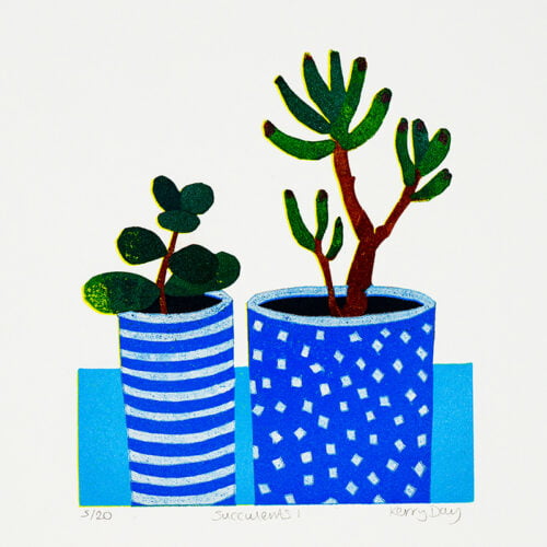 botanical lino print of 2 succulent plants. one on left in a blue and white stripe plant pot. one on right in a blue pot with white spots.