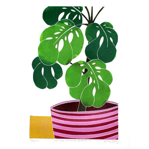 A colourful lino print of a swish cheese plant in a pink stripy plant pot sitting on a yellow surface