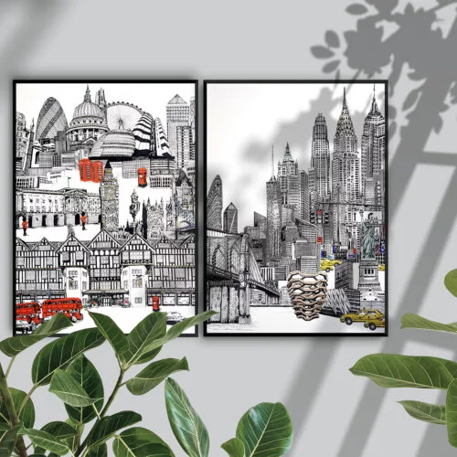 A London Skyline and A New York Skyline Fine Art Prints in thin black frames, against a Grey wall with plants in the foreground