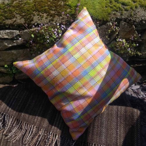 Ali Sharman Handweaver cushion in British wool colourful tweed cushion
