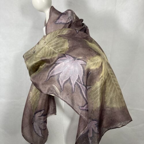 Small silk scarf handed with oak gall nut and handprinted with horse chestnut and Japanese acer