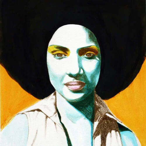 KamsArthouse Phylicia print of blue lady with black afro and yellow background