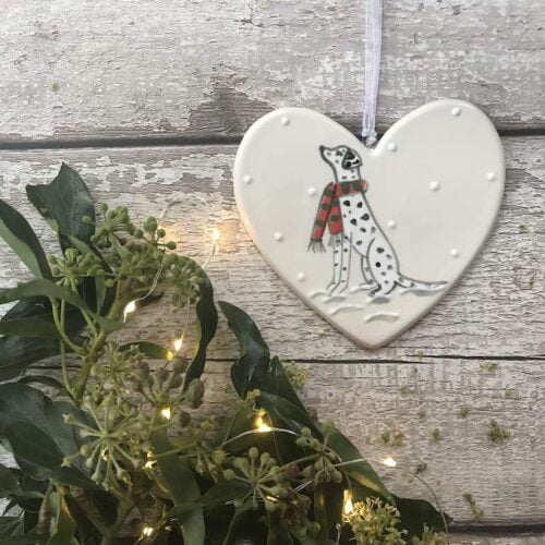 Hand Painted Ceramic Heart - Male Dalmatian Sitting In the Snow Wearing A Scarf