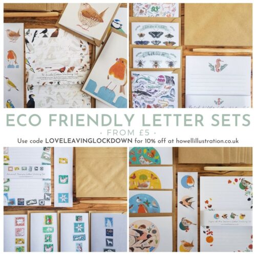 Four recycled paper letter sets with different paper designs inspired by nature. Each includes four blank notelets that match the paper design.