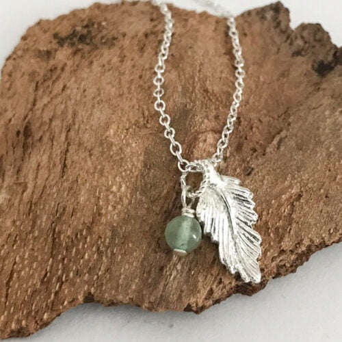 Silver Feather Pendant with an Aventurine Semi Precious Stone on a Dainty Sterling Silver Chain