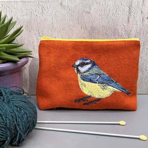 Orange Harris Tweed project bag with Embroidered blue tit by The Canny Squirrel_small