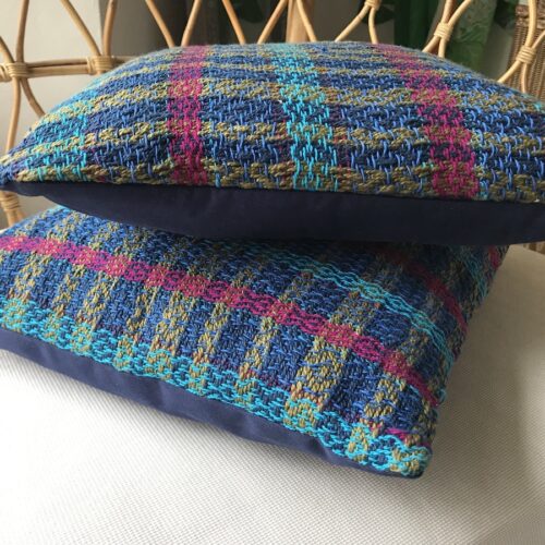 Studio Milena, Handwoven cushions, Colourful checked pattern, Blue, Turqoise, Raspberry pink,