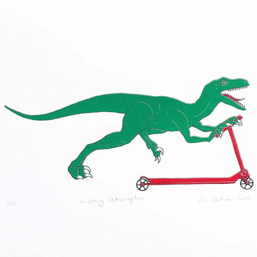 Green dinosaur on a red scooter screen print