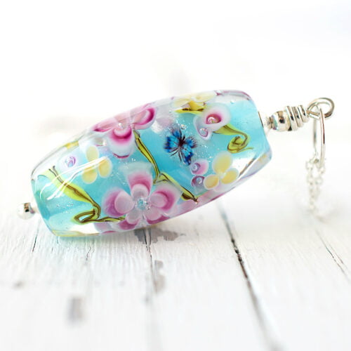 sky blue handmade floral glass bead necklace