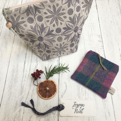 Cushie Doo Textiles Hand Printed Linen Wash Bag and Tweed Purse
