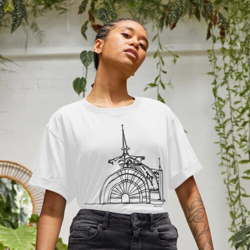 Model wearing Evian-les-Bains design t-shirt