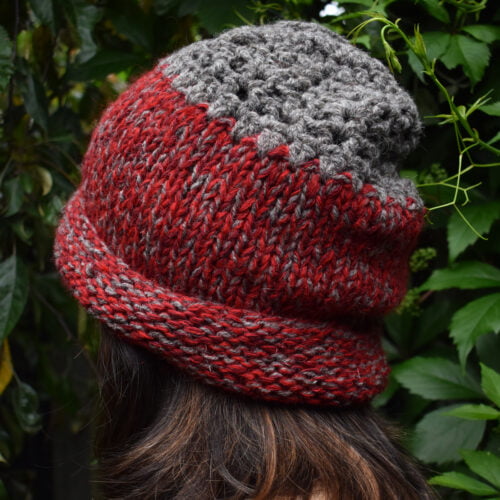 maribru knitwear, red and grey hat