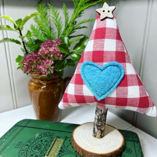 Fabric Christmas Tree in Red and White Check with Turquoise Felt Heart Decoration and Star Button