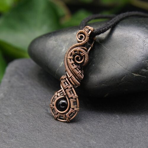 Oruki Design - Copper wire woven pendant with black onyx bead