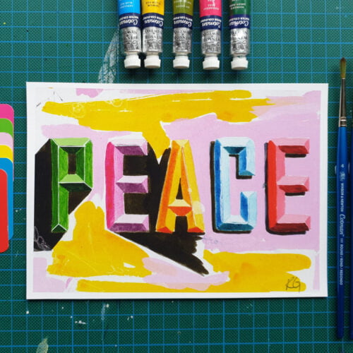 KamsArthouse Peace! A striking colorful 3D typographic art print from an original created using gouache and colored inks.