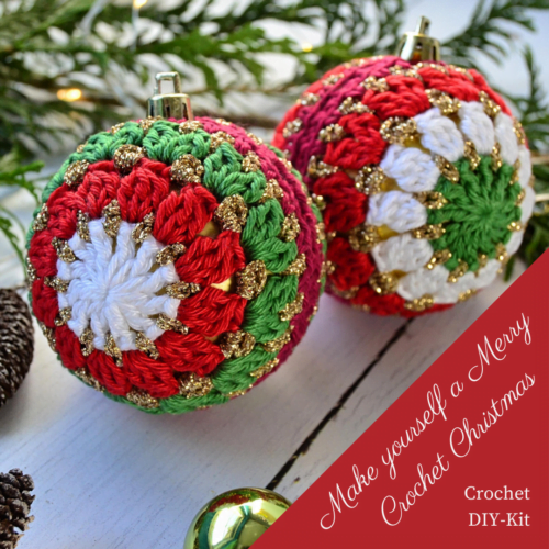 Crochet Christmas Baubles in red, green, white and gold