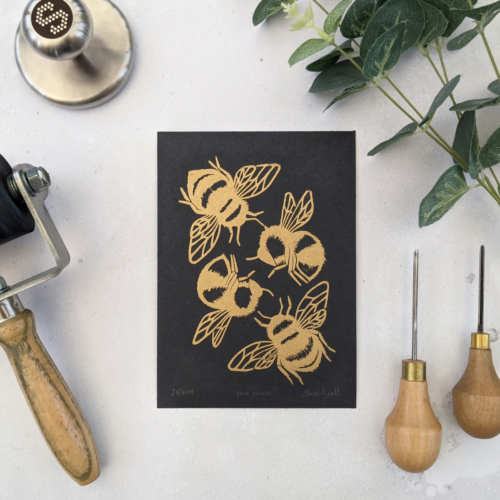 Golden bee linocut print by Rose and Hen