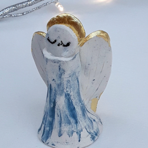 Cherryloftstudio.Semi- porcelain Christmas angel decoration. Decorated with bubble glaze and gold leaf.