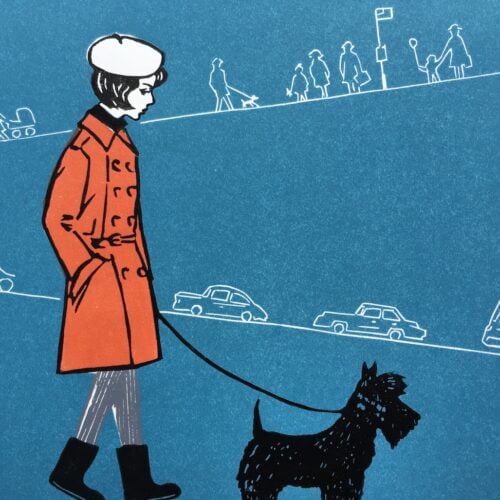 linocut a girl walking a dog