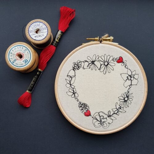 Gemma Rappensberger illustration of flowers making a shape of a heart with 2 embroidered hearts.