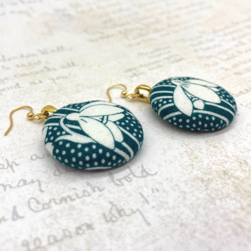 Teal snowdrop fabric button statement earrings by Bowerbird Jewellery