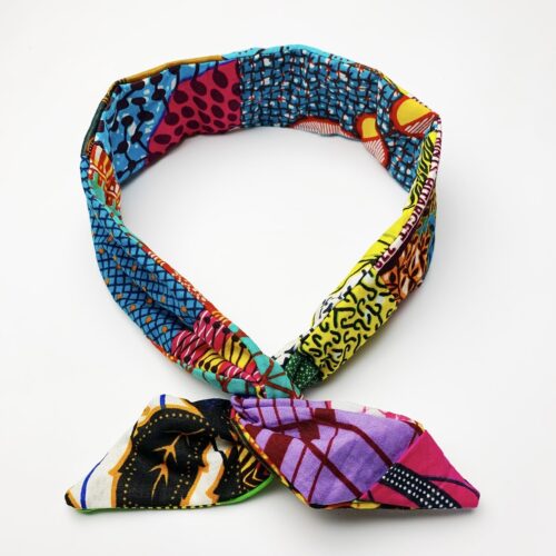 Patchwork African Print Fabric Wired Headband, laying flat with a twist into a bow
