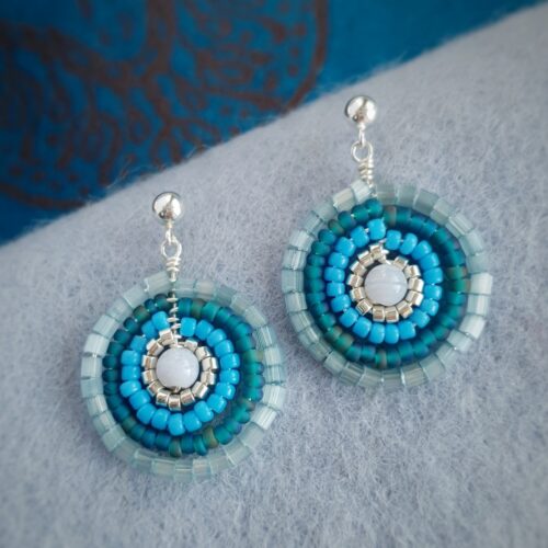Natalia McIntosh, Blue Peacock Earrings with blue lace agate and Japanese glass beads.
