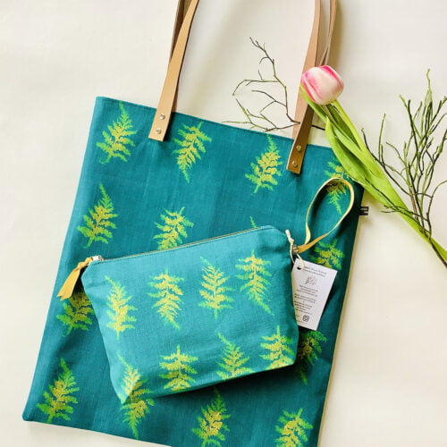 Emerald green linen tote and makeup bag with fern motif
