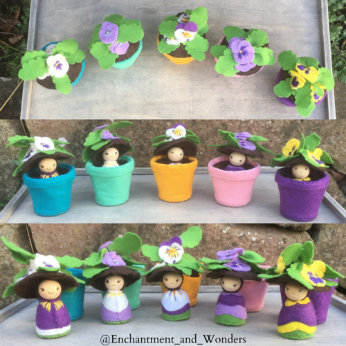 Handmade and hand sewn felt miniature pansie flower pots. Five different colou pansies and flower pots. Floers are hat for Pixie that lives and hides away inside the flower pot