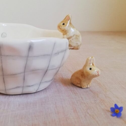Pottery ceramic rabbit trinket bowl with grey check and dots