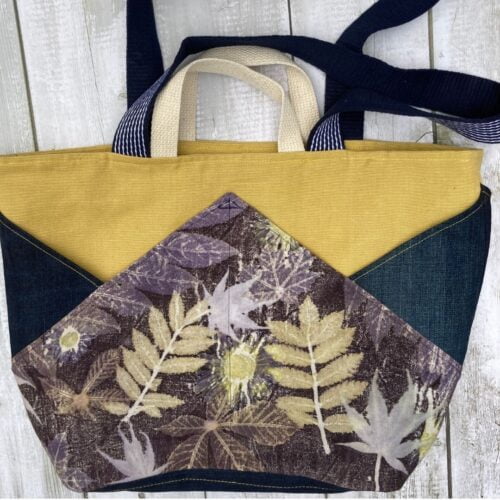 Spacious tote bag hand made form oupcycled fabrics and my own hand printed botanical prints.
