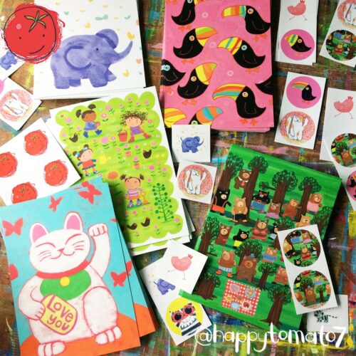 brightly coloured illustrated prints and stickers featuring animals and birds