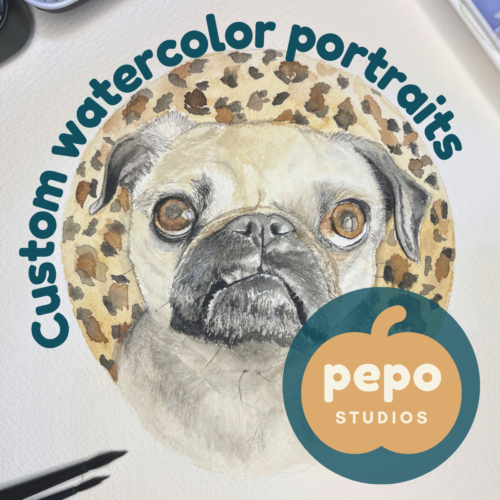 Photo of a hand-painted watercolor pug with leopard print background