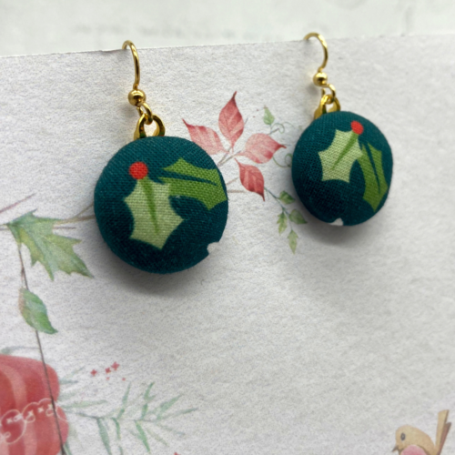 Holly fabric button dangle earrings by Bowerbird Jewellery