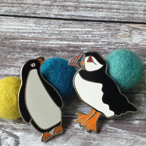 puffin and penguin pins by daffodowndilly, folksy