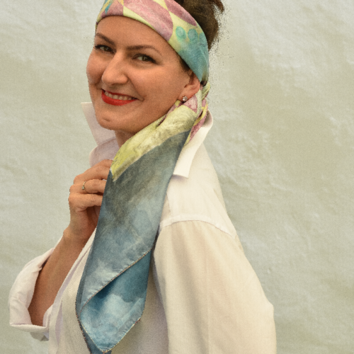 silk scarf, hand painted silk scarf, lady in scarf on her head