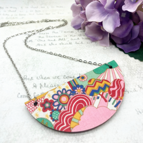 Pink clouds retro statement fabric and wood semi circle statement necklace by Bowerbird Jewellery