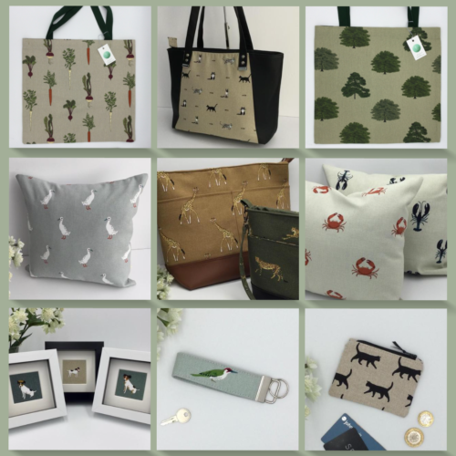 Two Elevens, selection of handmade fabric items including tote bags, handbags, cushions, pictures of Jack Russells, key ring featuring a green woodpecker and a cat print purse