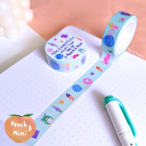 Peach and Mimi 90s essentials washi tape featuring illustrations of 90s toys and home accessories