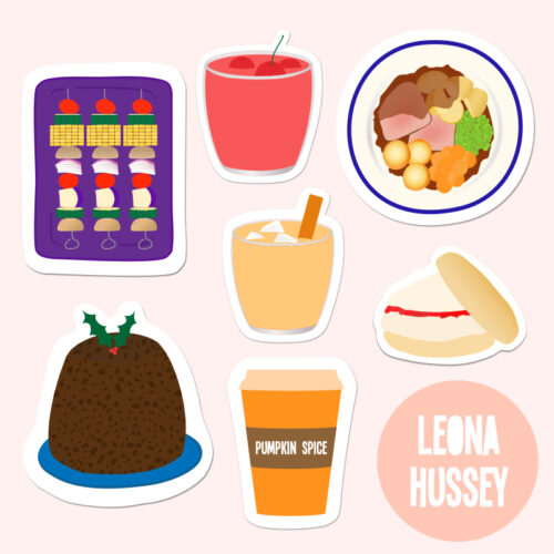 Illustrated stickers of drinks in a glass tumbler, a takeaway coffee cup, a Christmas pudding, kebabs, a Sunday roast and a strawberry shortcake. A peach coloured circle with the name Leona Hussey in white uppercase letters.