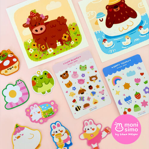 stationery products such as prints, stickers and stickers sheets of cute animals and very colourful illustrations