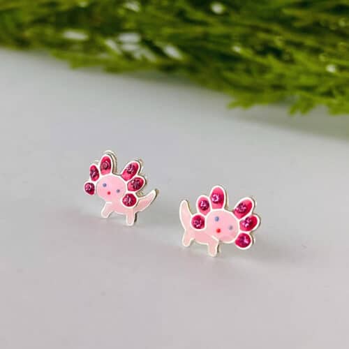 Sterling silver pink sparkly axolotl studs