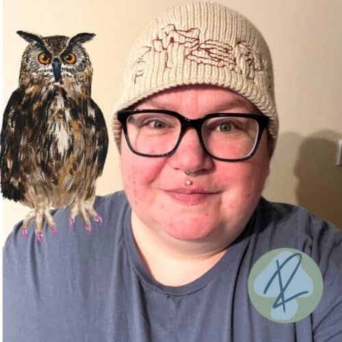Ripley is a white person wearing a cream woollen beanie embroidered with mushrooms, wears dark brown and green glasses and a blue t-shirt. An illustrated Gary the owl sits on their shoulder with dark brown feathers and amber eyes