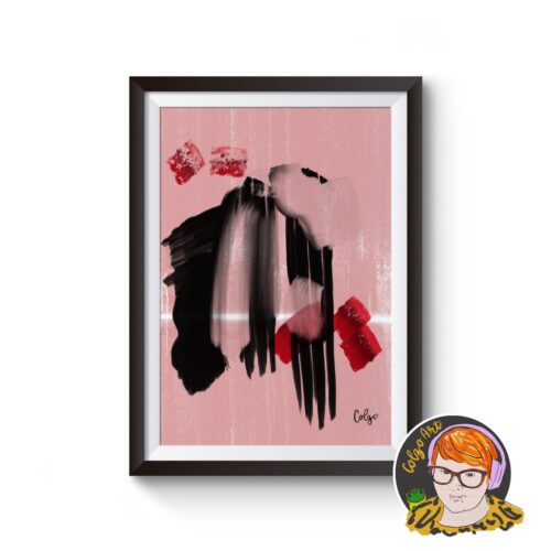 A mockup product photo of a digital abstract painting. The image is an abstract, digital oil painting. In the middle of the image there are dark, almost black marks which have been dragged from top to bottom. In the top left there are two deep red marks which are somewhat transparent, the same deep red marks are in the bottom right of the image but at full opacity. The whole image has a washed out pinkish red that has been dragged from top to bottom with a white break three quarters the way down before continuing.