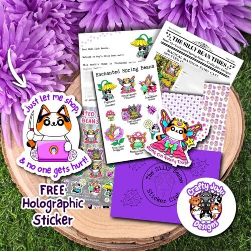 enchanted spring beans products resting on a grass background with purple flowers.